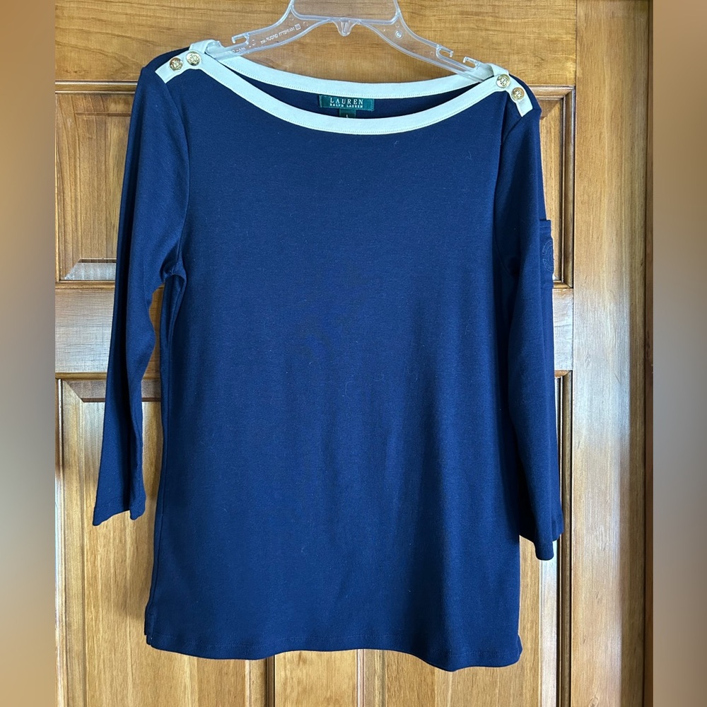 Lauren Ralph Lauren Blue and White 3/4 Sleeve Top